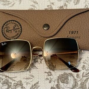 Ray-Ban 1971 Square Vintage Sunglasses Gold Frame Brown Gradient Glass Lenses